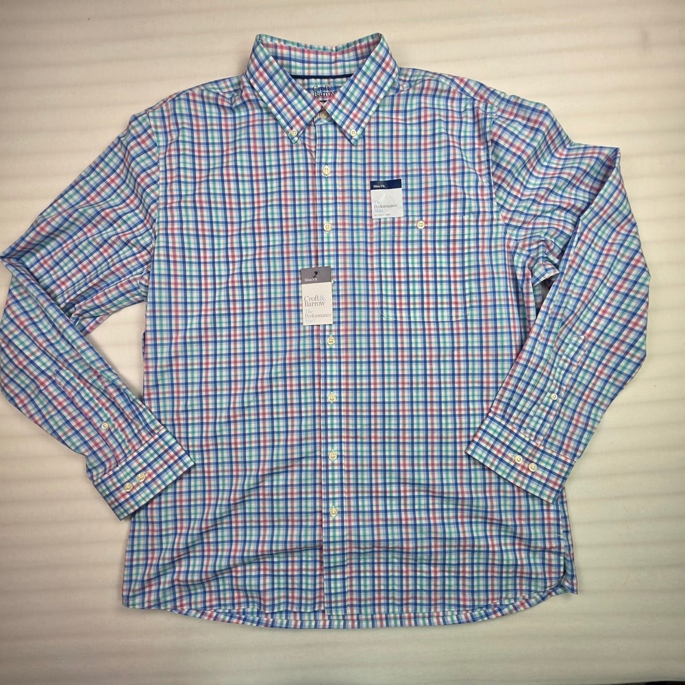 Croft & Barrow Mens Performance Slim Fit Plaid Button Down Shirt XL Blue